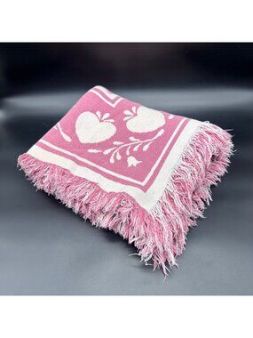 Vintage Pink Heart Throw Blanket Fringe Cottagecore Farmhouse 1980s Reversible